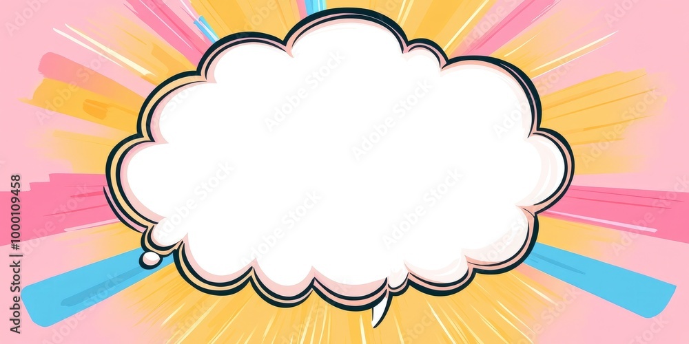 A blank white speech bubble with a pastel pink, yellow, and blue comic style background A blank white speech bubble with a pastel pink, yellow, and blue comic style background