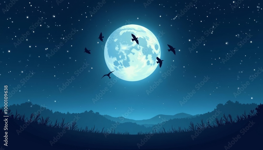 Moonlit night with silhouetted birds and hills Moonlit night with silhouetted birds and hills