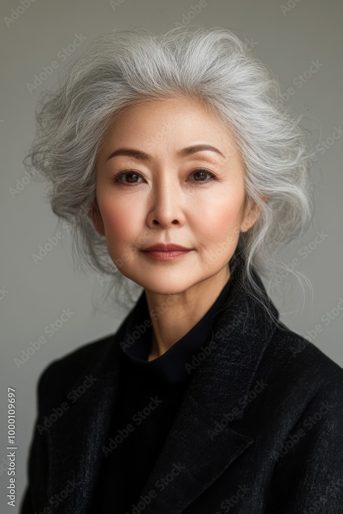 Creative Elegant Senior Woman with Gray Hair in Black Blazer, Professional Studio Portrait. Creative Elegant Senior Woman with Gray Hair in Black Blazer, Professional Studio Portrait.