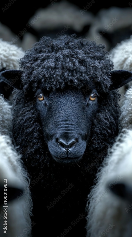 Black Sheep in a Surreal Scene: Contrasting White Herd with Intricate Detailing and Vibrant Colors, Displaying Individuality and Confidence in Atmospheric Lighting Black Sheep in a Surreal Scene: Contrasting White Herd with Intricate Detailing and Vibrant Colors, Displaying Individuality and Confidence in Atmospheric Lighting