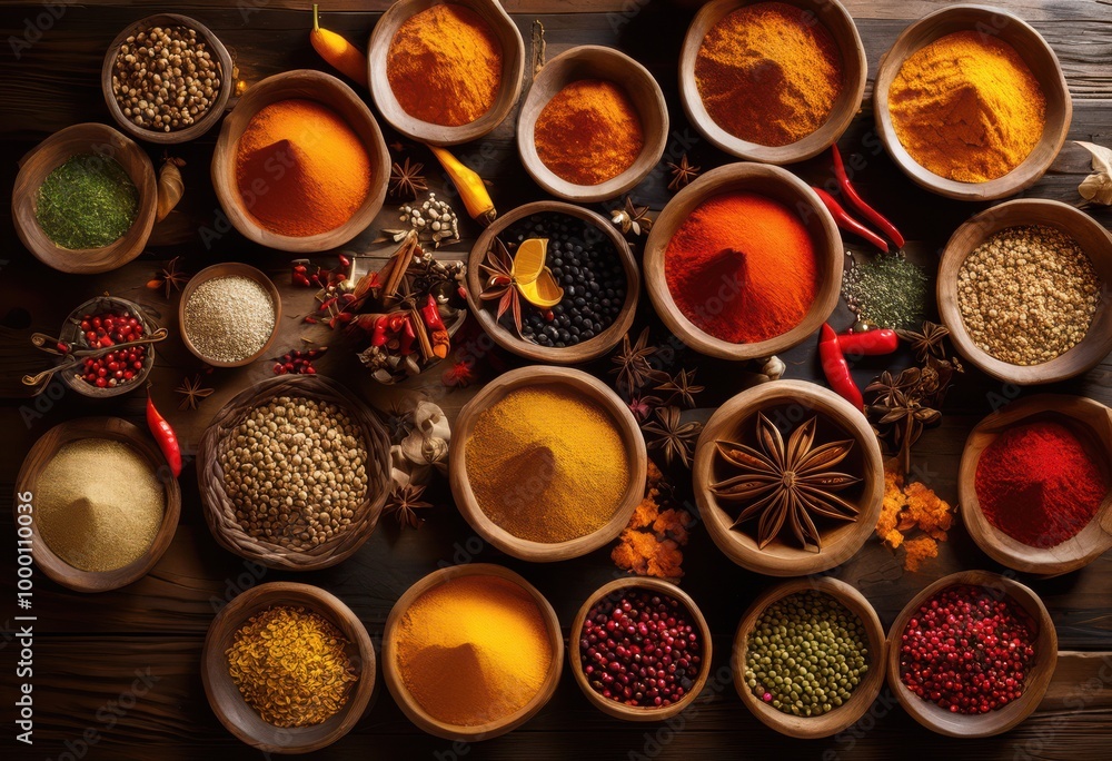 vibrant spices colorful ingredients artistically arranged captivating display, arrangement, colors, seasoning, herbs, aroma, freshness, visual, aesthetic vibrant spices colorful ingredients artistically arranged captivating display, arrangement, colors, seasoning, herbs, aroma, freshness, visual, aesthetic