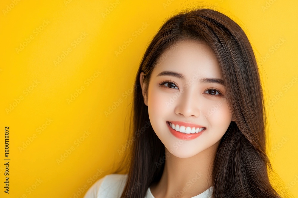 a beautiful Asian woman with long hair, smiling and looking at the camera on a yellow background a beautiful Asian woman with long hair, smiling and looking at the camera on a yellow background