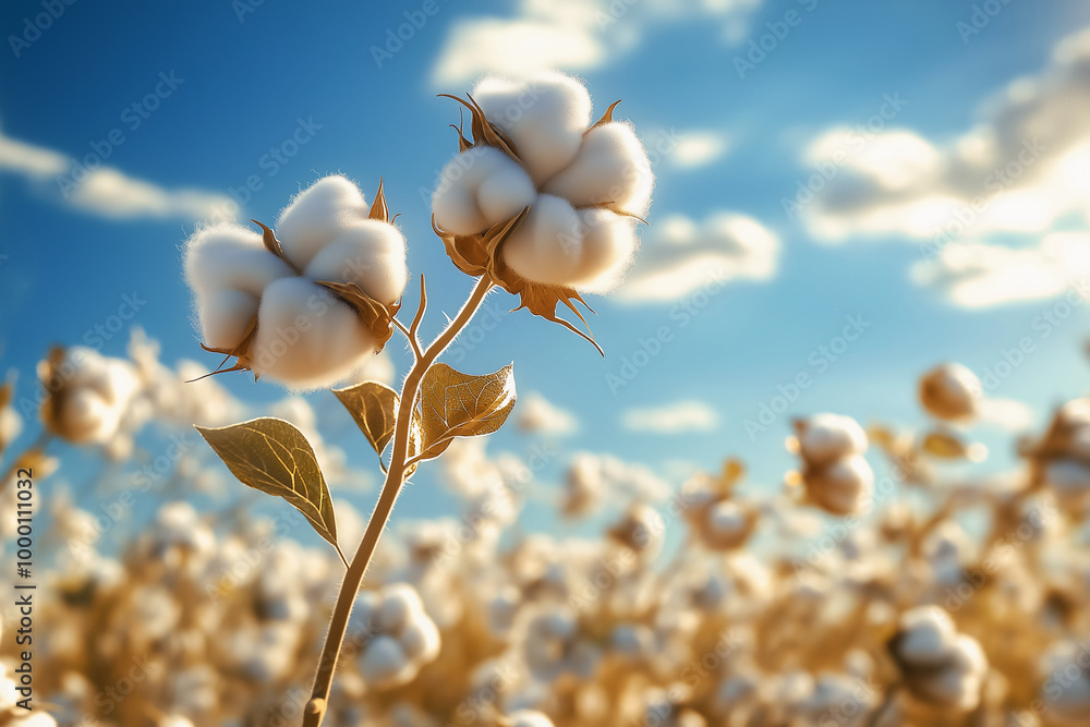 a close up of white cotton flower against blue sky. World Cotton Day a close up of white cotton flower against blue sky. World Cotton Day