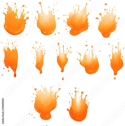 Set of abstract orange watercolor water splash on a white background. 