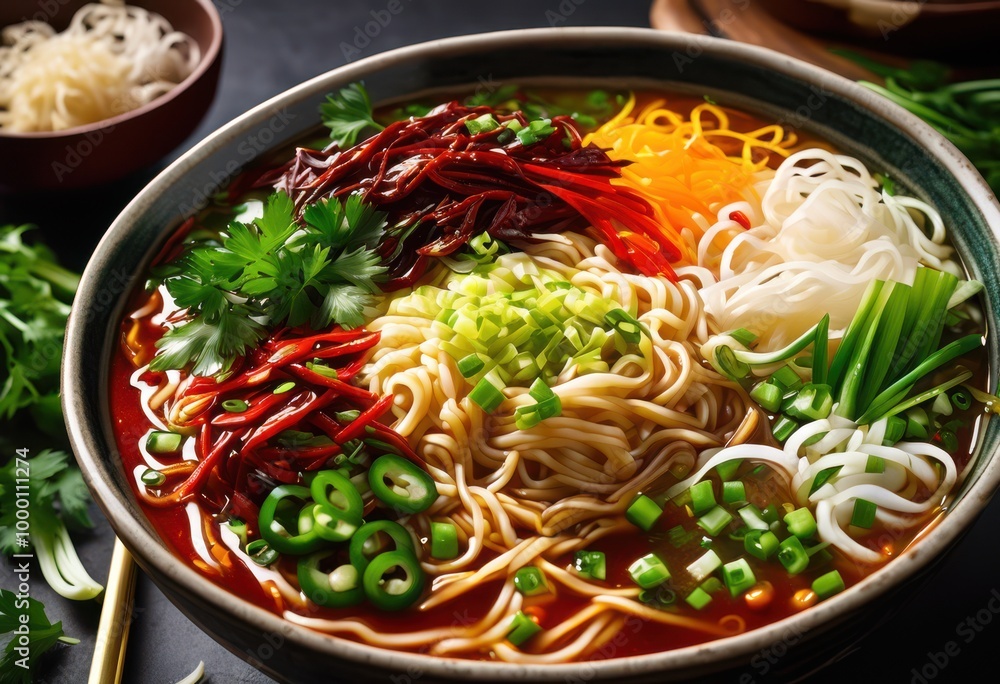 vibrant close steaming noodles bowl colorful toppings delicious garnishes, food, meal, cuisine, spice, texture, freshness, dish, appetizing, flavor, organic vibrant close steaming noodles bowl colorful toppings delicious garnishes, food, meal, cuisine, spice, texture, freshness, dish, appetizing, flavor, organic