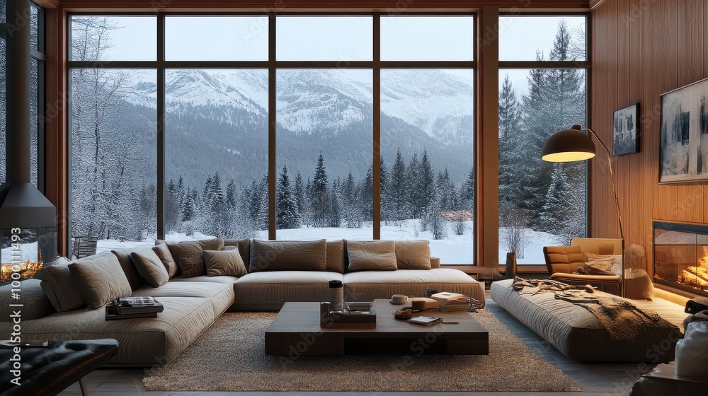 Cozy modern winter living room interior. Cozy house in the mountains Cozy modern winter living room interior. Cozy house in the mountains
