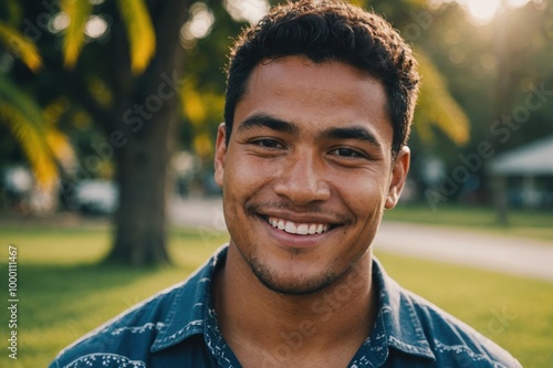 Close portrait of a smiling young Samoan man looking at the camera, Samoan outdoors blurred background photo