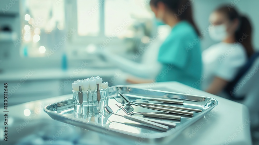 A close-up of dental tools on a tray with a dentist working on a patient in the background A close-up of dental tools on a tray with a dentist working on a patient in the background