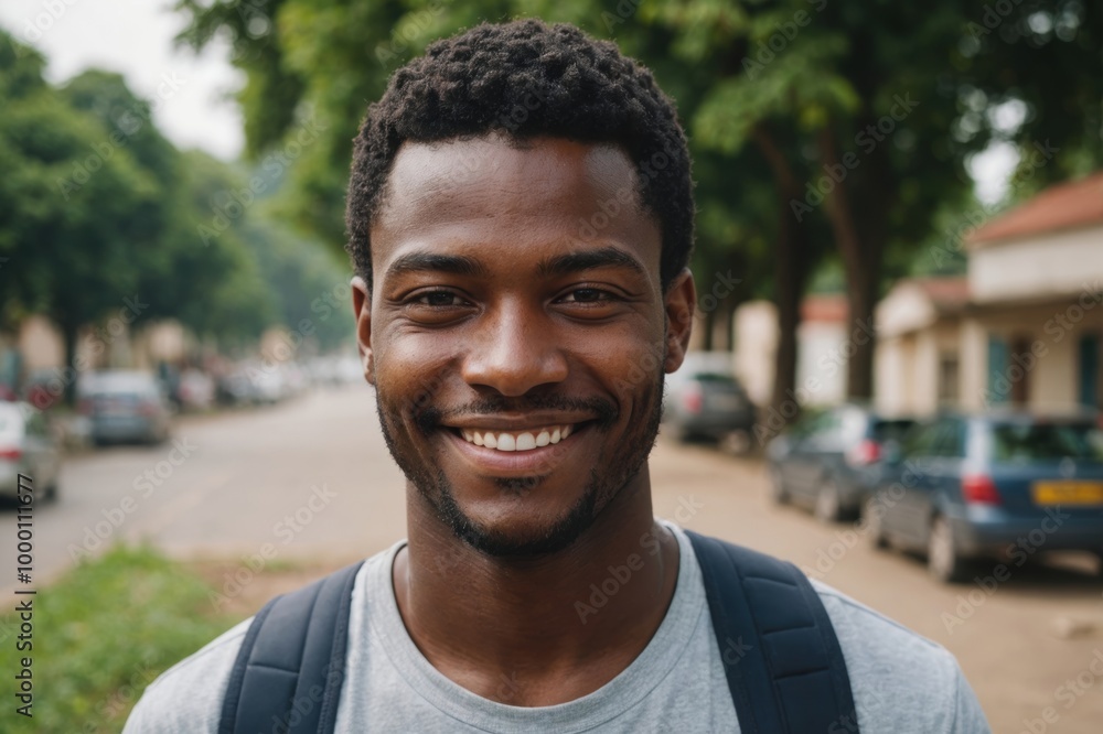 Close portrait of a smiling young Sao Tomean man looking at the camera, Sao Tomean outdoors blurred background Close portrait of a smiling young Sao Tomean man looking at the camera, Sao Tomean outdoors blurred background