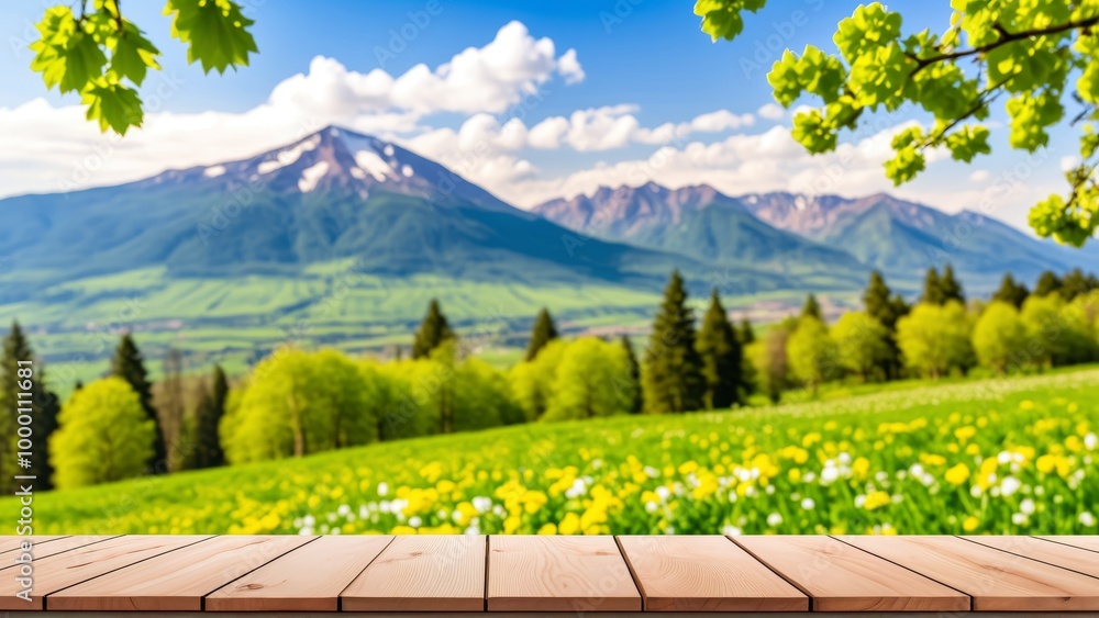 Fototapeta premium Wooden table with blur mountain landscape background