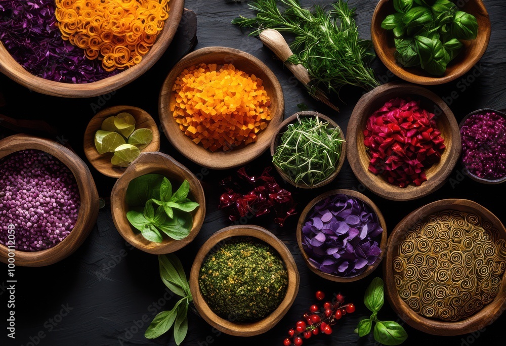 vividly styled food ingredients arranged textured surfaces showcasing details appealing culinary presentation, color, background, vegetable, fruit, herb vividly styled food ingredients arranged textured surfaces showcasing details appealing culinary presentation, color, background, vegetable, fruit, herb