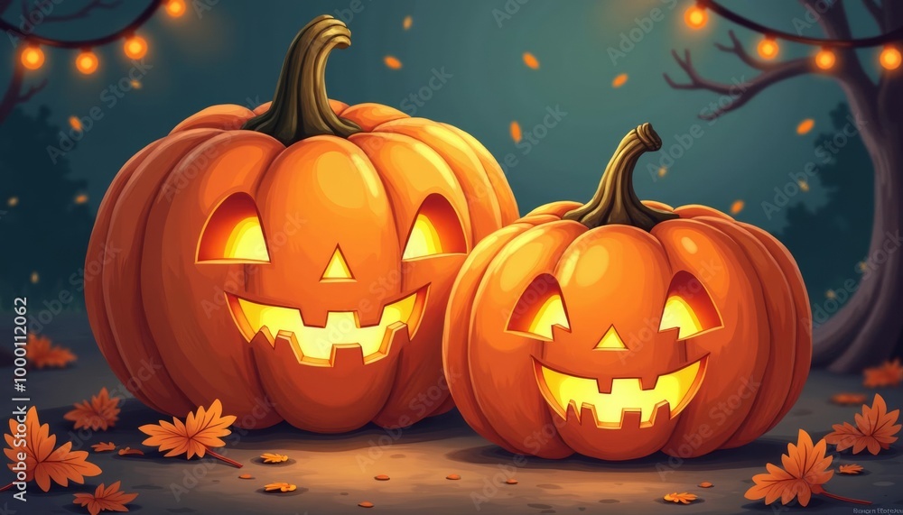 Spooky Halloween pumpkins with glowing faces Spooky Halloween pumpkins with glowing faces
