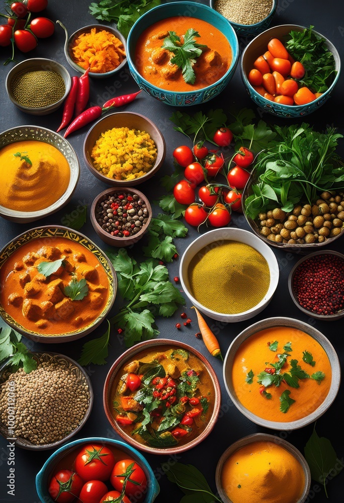 vibrant display spicy indian curry ingredients colorful bowls featuring rich fresh aromatic herbs perfect culinary inspiration, spices, vegetables, turmeric vibrant display spicy indian curry ingredients colorful bowls featuring rich fresh aromatic herbs perfect culinary inspiration, spices, vegetables, turmeric