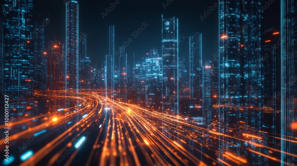 Futuristic Cityscape with Glowing Lights and Data Streams. Futuristic Cityscape with Glowing Lights and Data Streams.