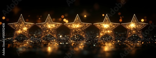 Five Shiny Golden Stars on a Glittering Black Surface photo