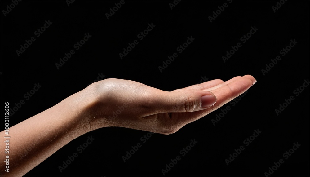 female hand holding showing or giving something over black background