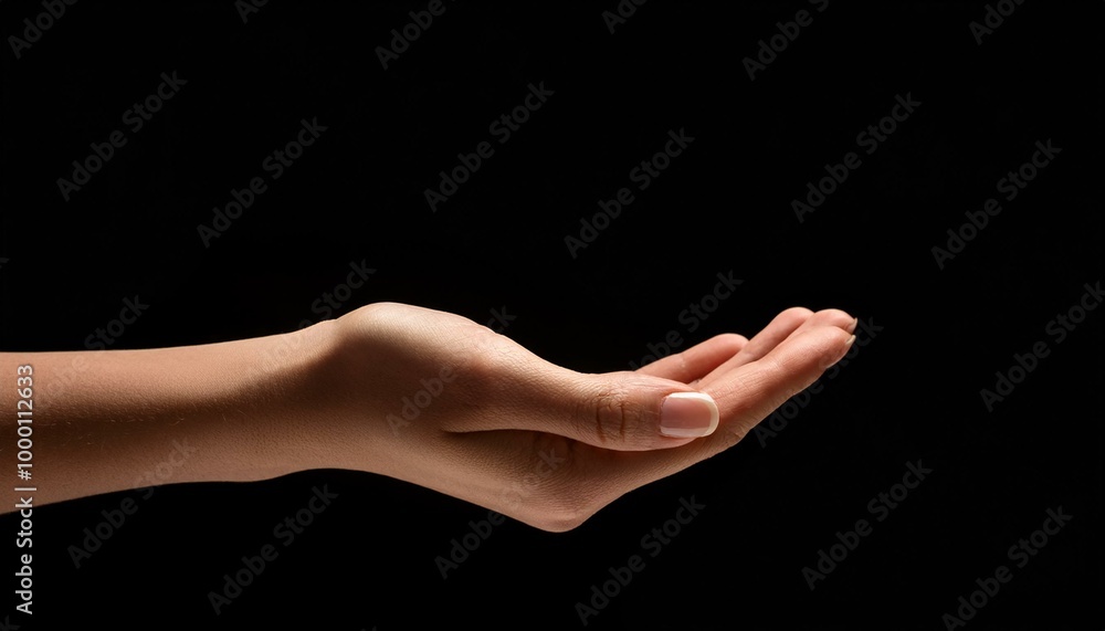female hand holding showing or giving something over black background female hand holding showing or giving something over black background