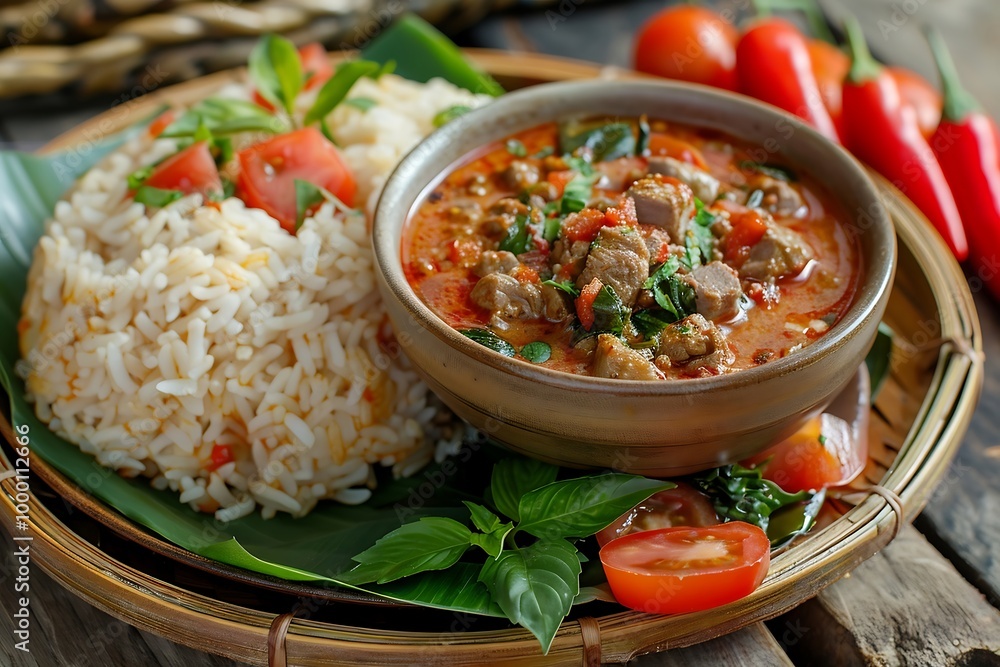Rice with minced pork and chili sauce in bowl on dark background Rice with minced pork and chili sauce in bowl on dark background