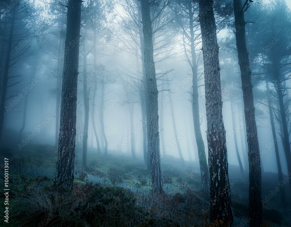 Obraz premium Forest in fog with mist. Fairy spooky looking woods in a misty day. Cold foggy morning in horror forest with trees