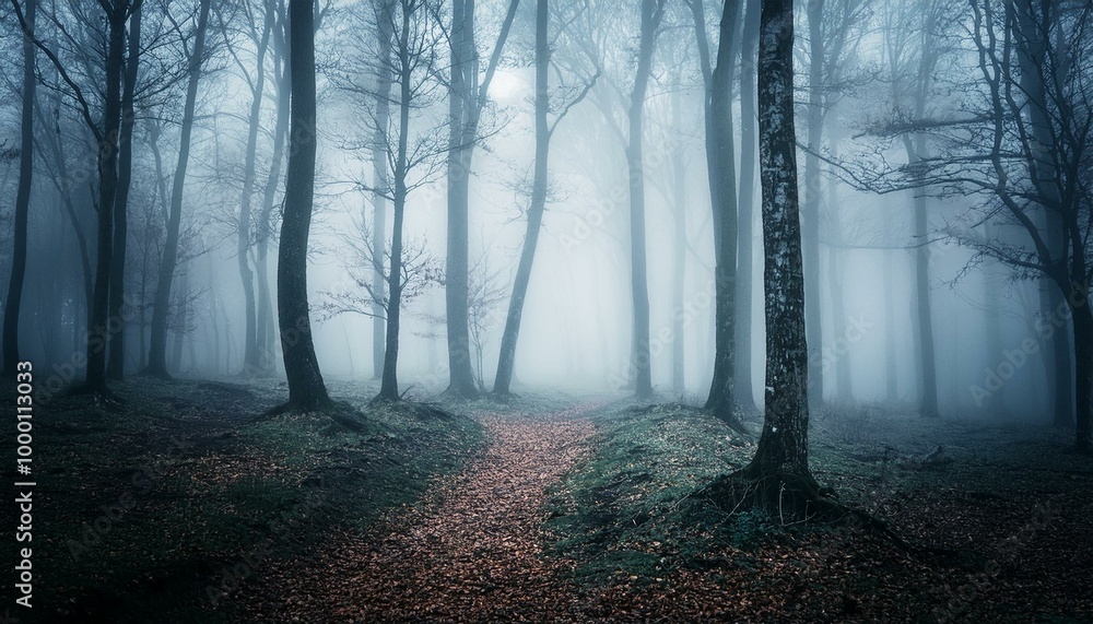 Naklejka premium Forest in fog with mist. Fairy spooky looking woods in a misty day. Cold foggy morning in horror forest