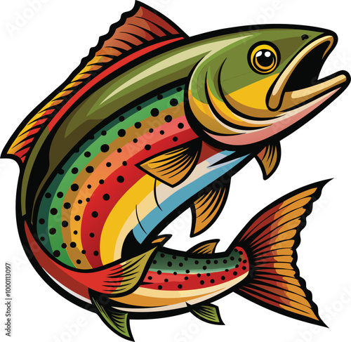 Rainbow fish mascot vector sticker design