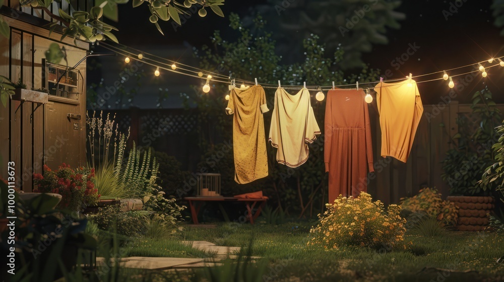Evening Garden with Clothesline Lights Evening Garden with Clothesline Lights