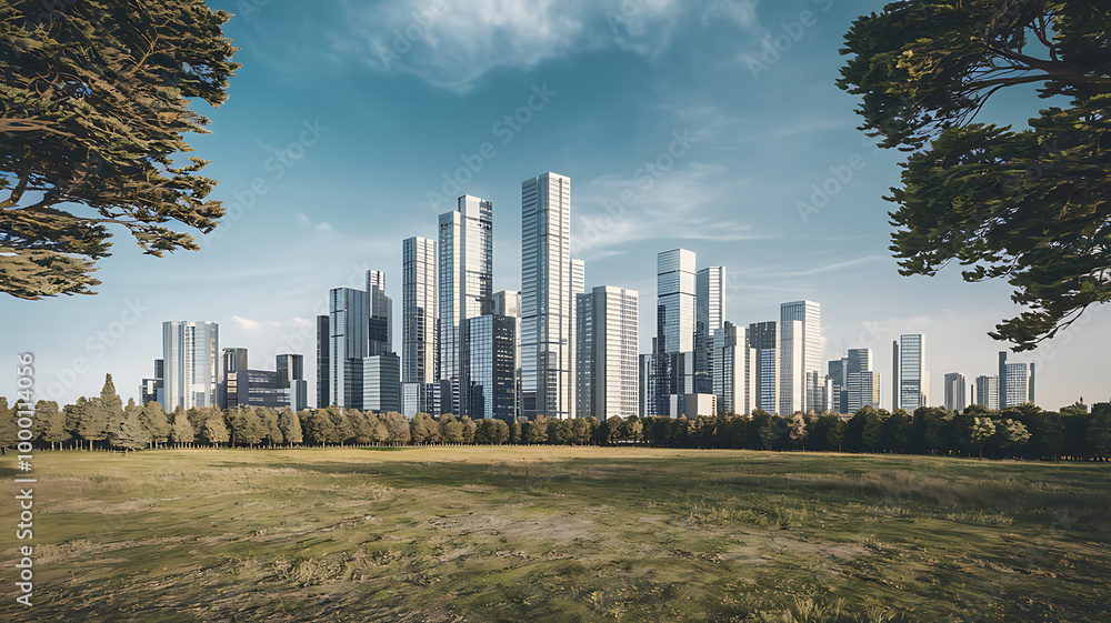 Modern Cityscape with Green Trees and Blue Sky, Peaceful Urban Oasis.
Modern Cityscape with Green Trees and Blue Sky, Peaceful Urban Oasis.
