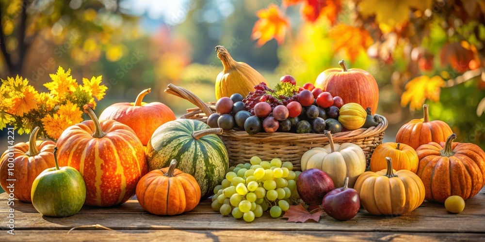 Harvest Bounty Vibrant Autumnal Still Life with Pumpkins, Grapes, and Foliage, Warm and Cozy Seasonal Composition for Thanksgiving Decor and Fall Marketing Harvest Bounty Vibrant Autumnal Still Life with Pumpkins, Grapes, and Foliage, Warm and Cozy Seasonal Composition for Thanksgiving Decor and Fall Marketing