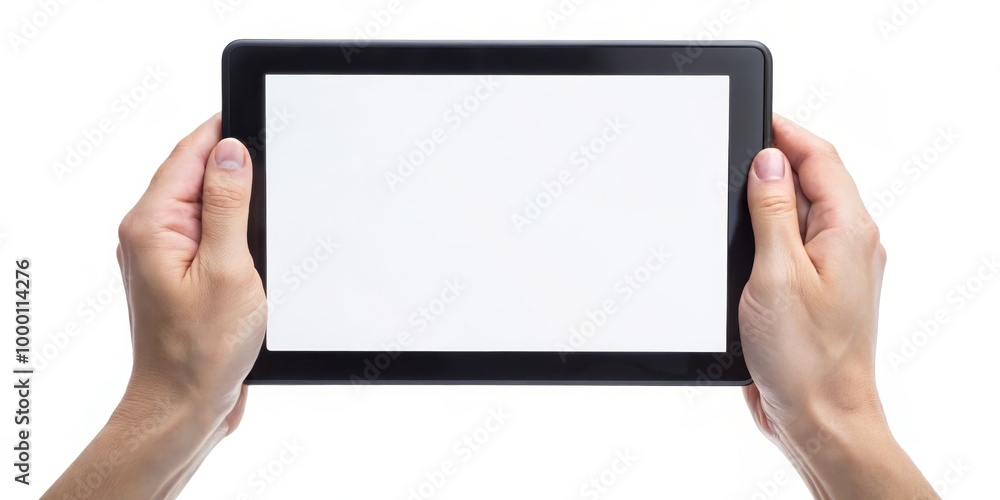Minimalist Black Tablet Computer with Blank Screen in Hands - Clean and Modern Technology Concept for Design Projects Minimalist Black Tablet Computer with Blank Screen in Hands - Clean and Modern Technology Concept for Design Projects
