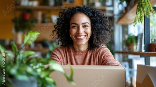 A woman entrepreneur packaging a box, smiling as she prepares orders for delivery, reflecting her small business success