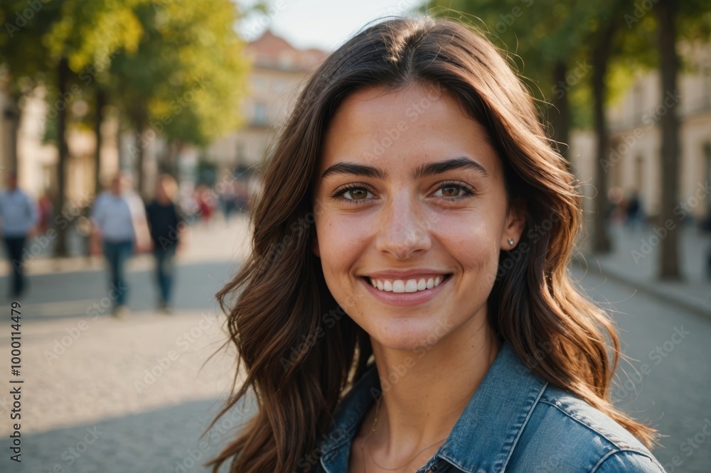 Close portrait of a smiling young Spanish woman looking at the camera, Spanish outdoors blurred background Close portrait of a smiling young Spanish woman looking at the camera, Spanish outdoors blurred background
