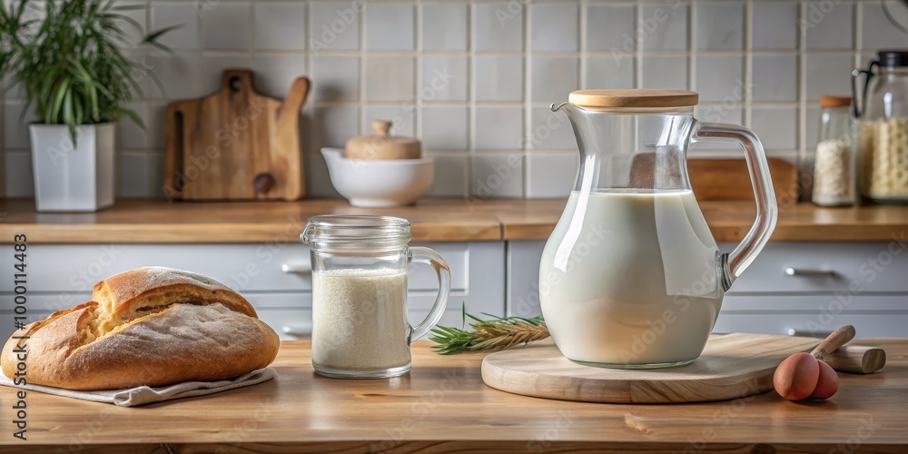 Rustic Kitchen Still Life with Milk Pitcher and Bread on Wooden Countertop, Cozy Home Cooking Scene with Soft Lighting, Food Concept for Culinary Content