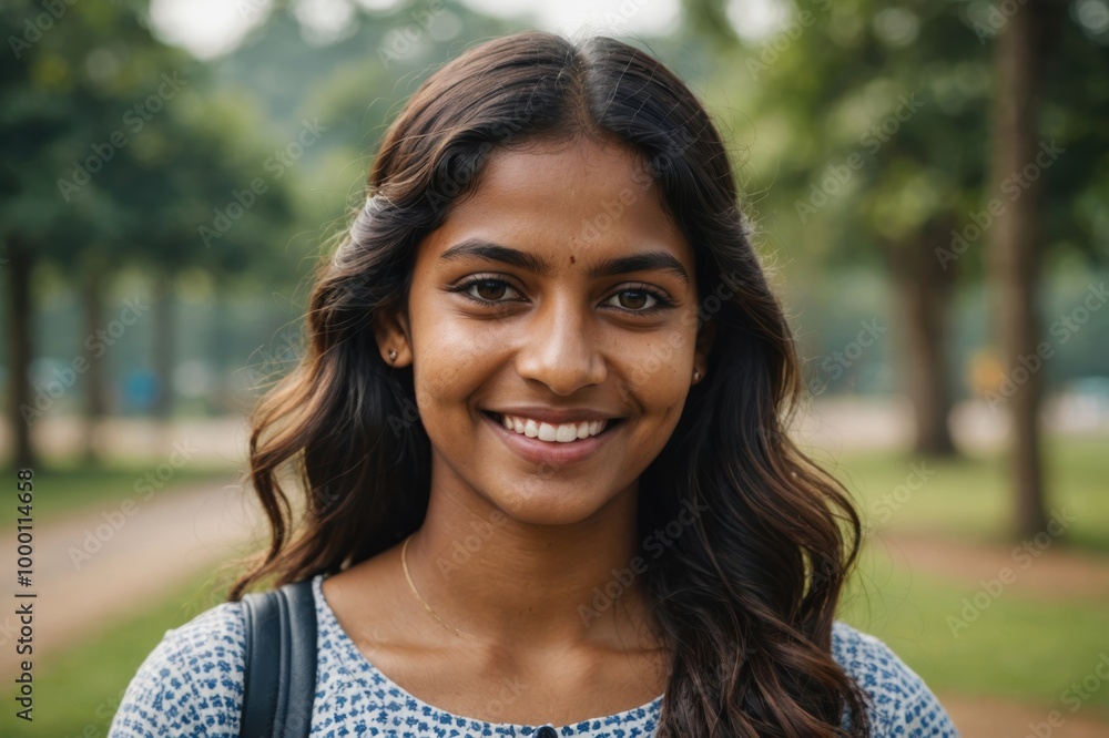 Close portrait of a smiling young Sri Lankan woman looking at the camera, Sri Lankan outdoors blurred background Close portrait of a smiling young Sri Lankan woman looking at the camera, Sri Lankan outdoors blurred background