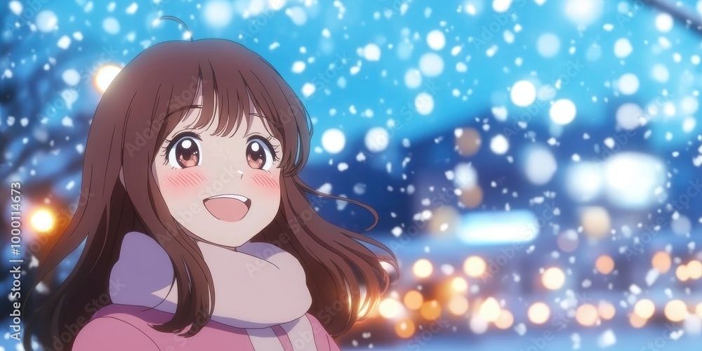 A beautiful anime girl smiling, with city lights in the background, a blue sky with snow falling A beautiful anime girl smiling, with city lights in the background, a blue sky with snow falling