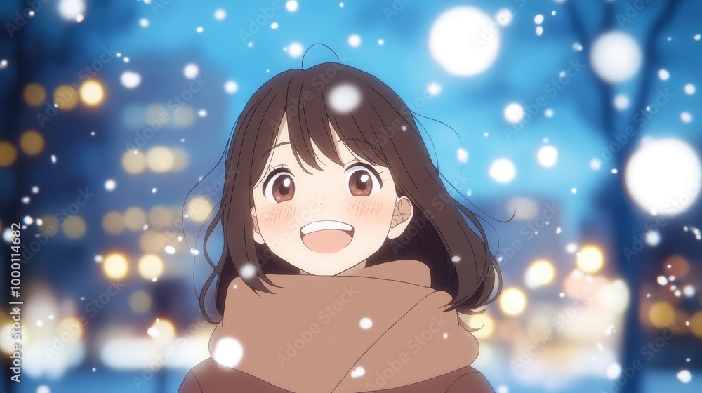 A beautiful anime girl smiling, with city lights in the background, a blue sky with snow falling A beautiful anime girl smiling, with city lights in the background, a blue sky with snow falling
