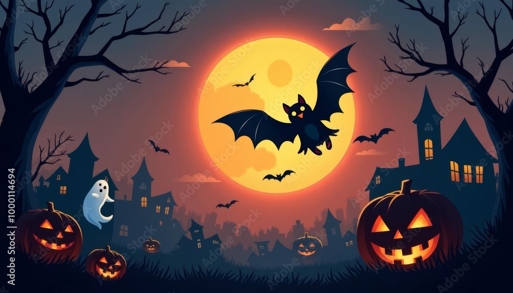 Spooky Halloween night scene with bats ghosts and jackolanterns Spooky Halloween night scene with bats ghosts and jackolanterns
