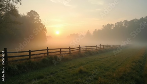  Sunset over a misty field with a wooden fence