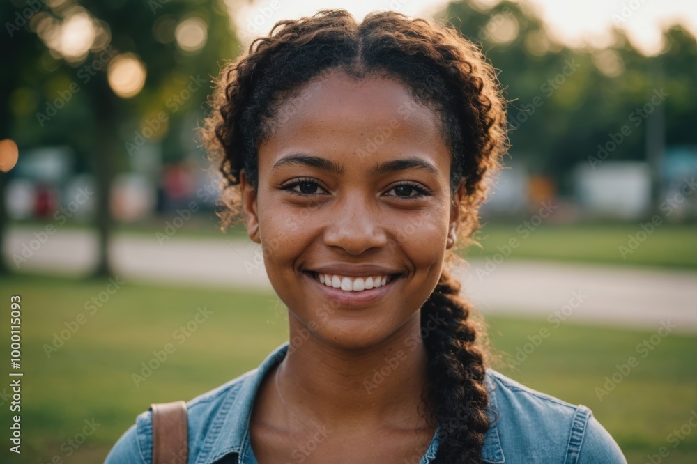 Close portrait of a smiling young Surinamese woman looking at the camera, Surinamese outdoors blurred background Close portrait of a smiling young Surinamese woman looking at the camera, Surinamese outdoors blurred background
