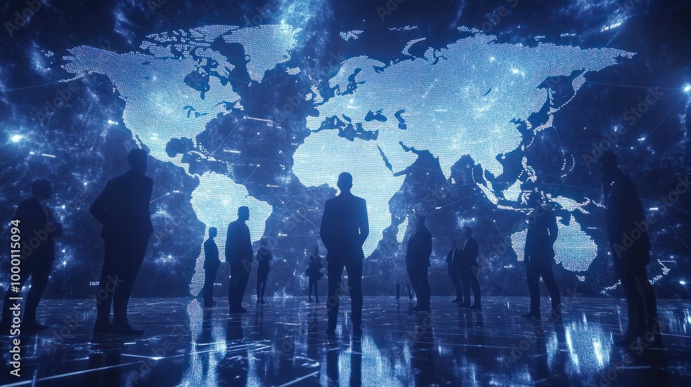 Obraz premium Global business concept, business people standing on world map background. generative ai