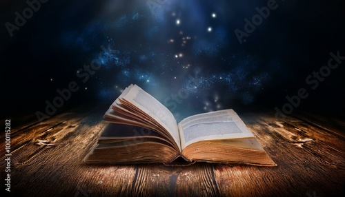 Image of a book on wooden background in a dark space