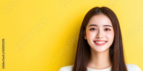 a beautiful Asian woman with long hair, smiling and looking at the camera on a yellow background