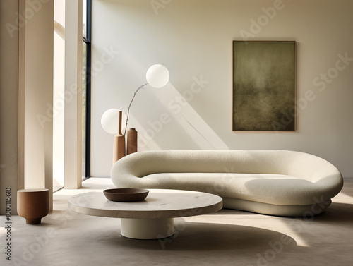 Simple minimalist interior living room with beige walls and abstract assymetric boucle sofa in light color. Abstract statement decor. photo