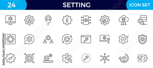 Settings, icon set. Containing options, configuration, preferences, adjustments, operation, gear, control panel, equalizer, management, optimization and productivity icons.