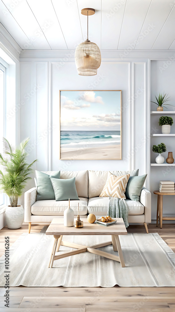 Home mockup, room in light pastel colors, Coastal living room interior background, 3d render, white Mock up frame Home mockup, room in light pastel colors, Coastal living room interior background, 3d render, white Mock up frame