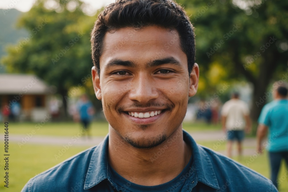 Close portrait of a smiling young Tongan man looking at the camera, Tongan outdoors blurred background Close portrait of a smiling young Tongan man looking at the camera, Tongan outdoors blurred background