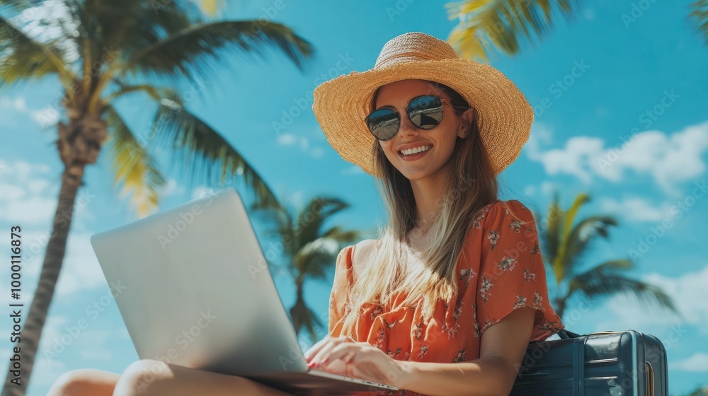 Fototapeta premium Happy young woman with credit card booking vacation at travel agency or making hotel reservation online using laptop computer planning abroad trip at home copy space : Generative AI