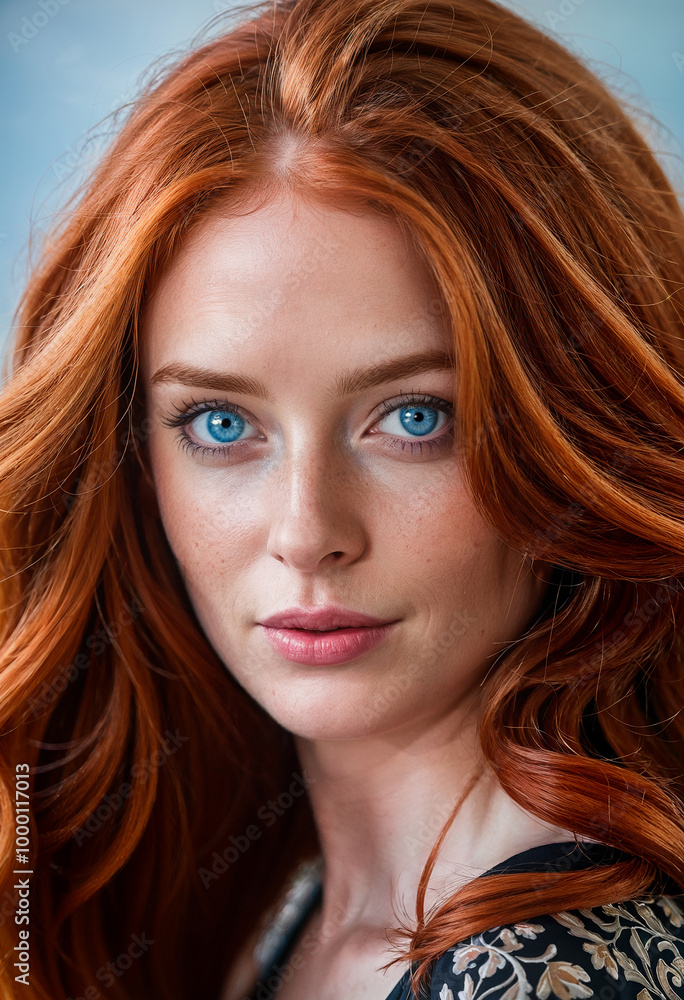 Naklejka premium beautiful woman portrait with red long wavy hairs and blue eyes