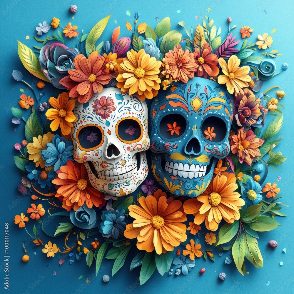 Mexican Day of the Dead Lettering with Skulls and Flowers on Perforated Paper - Colorful Vector Illustration for D�a de los Muertos Tradition Mexican Day of the Dead Lettering with Skulls and Flowers on Perforated Paper - Colorful Vector Illustration for D�a de los Muertos Tradition