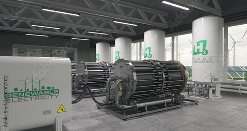 Modern facilities for the production of green hydrogen through advanced electrolysis. Realistic 3D render.