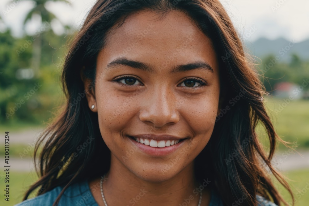 Close portrait of a smiling young Tuvaluan woman looking at the camera, Tuvaluan outdoors blurred background Close portrait of a smiling young Tuvaluan woman looking at the camera, Tuvaluan outdoors blurred background